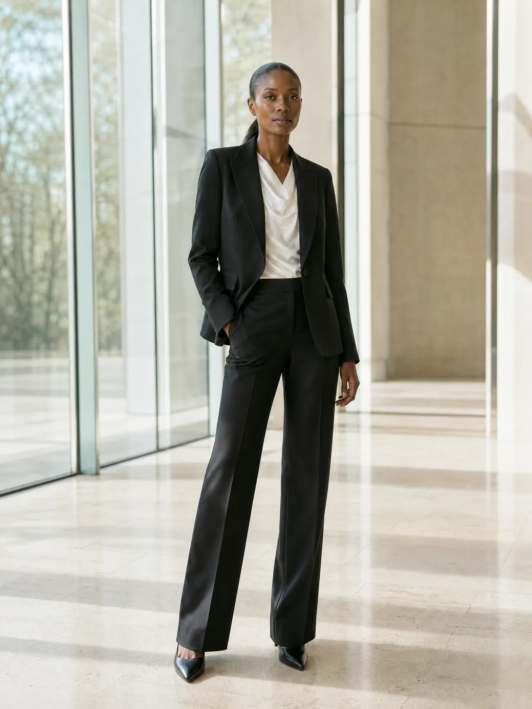 Traje negro completo con top de seda marfil en un vestíbulo acristalado