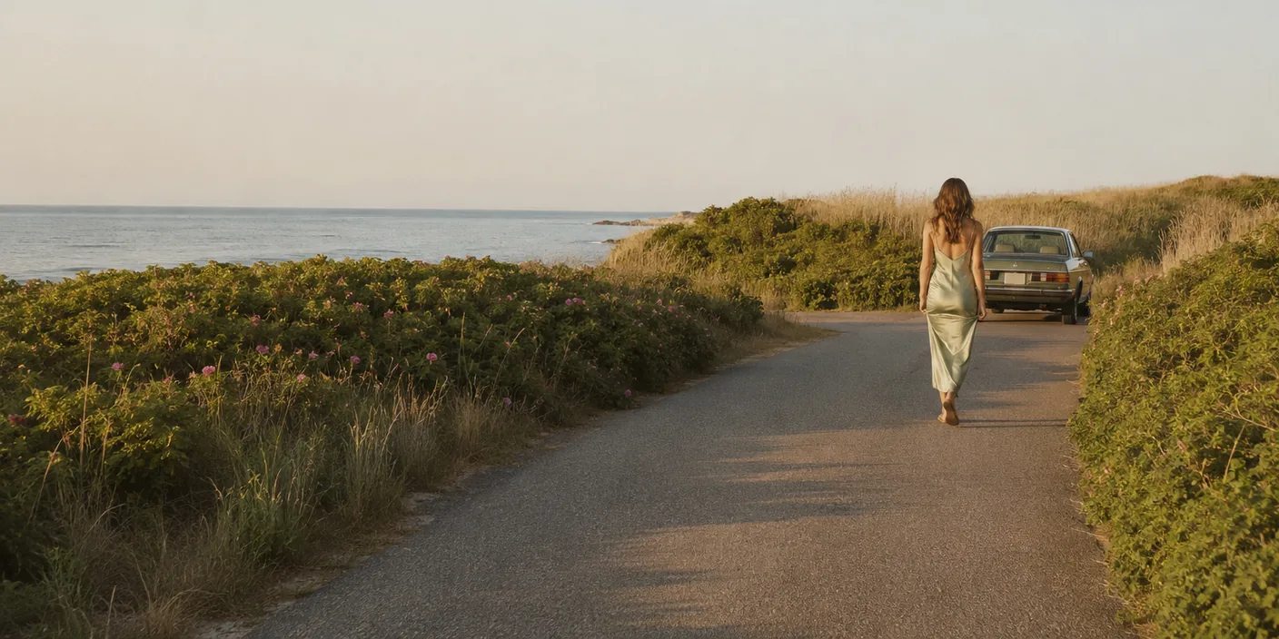 Illustration: a woman in a pale green slip dress walking along a coastal road toward a parked car, beach roses and the sea at low golden light