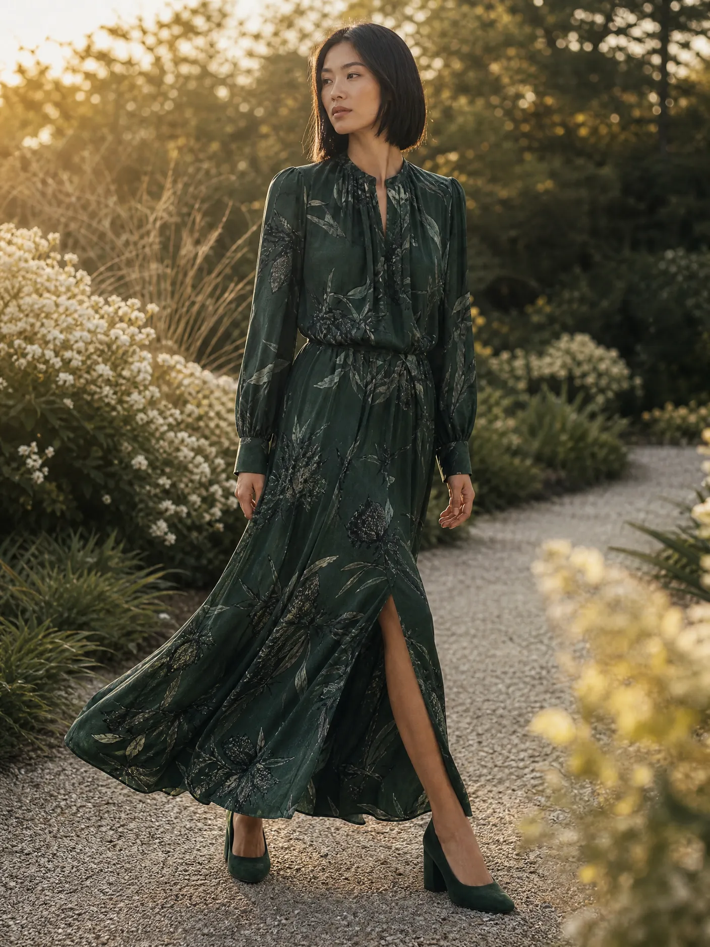 Illustration: a model in a long green botanical-print dress with puffed sleeves, in a sunlit garden