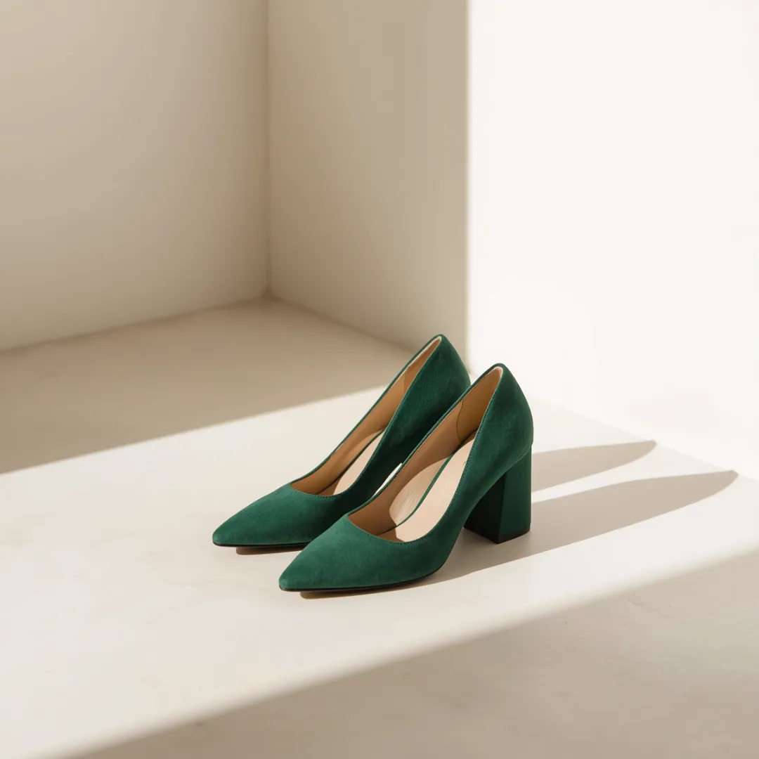 Illustration: a pair of green suede block-heel pumps on pale stone