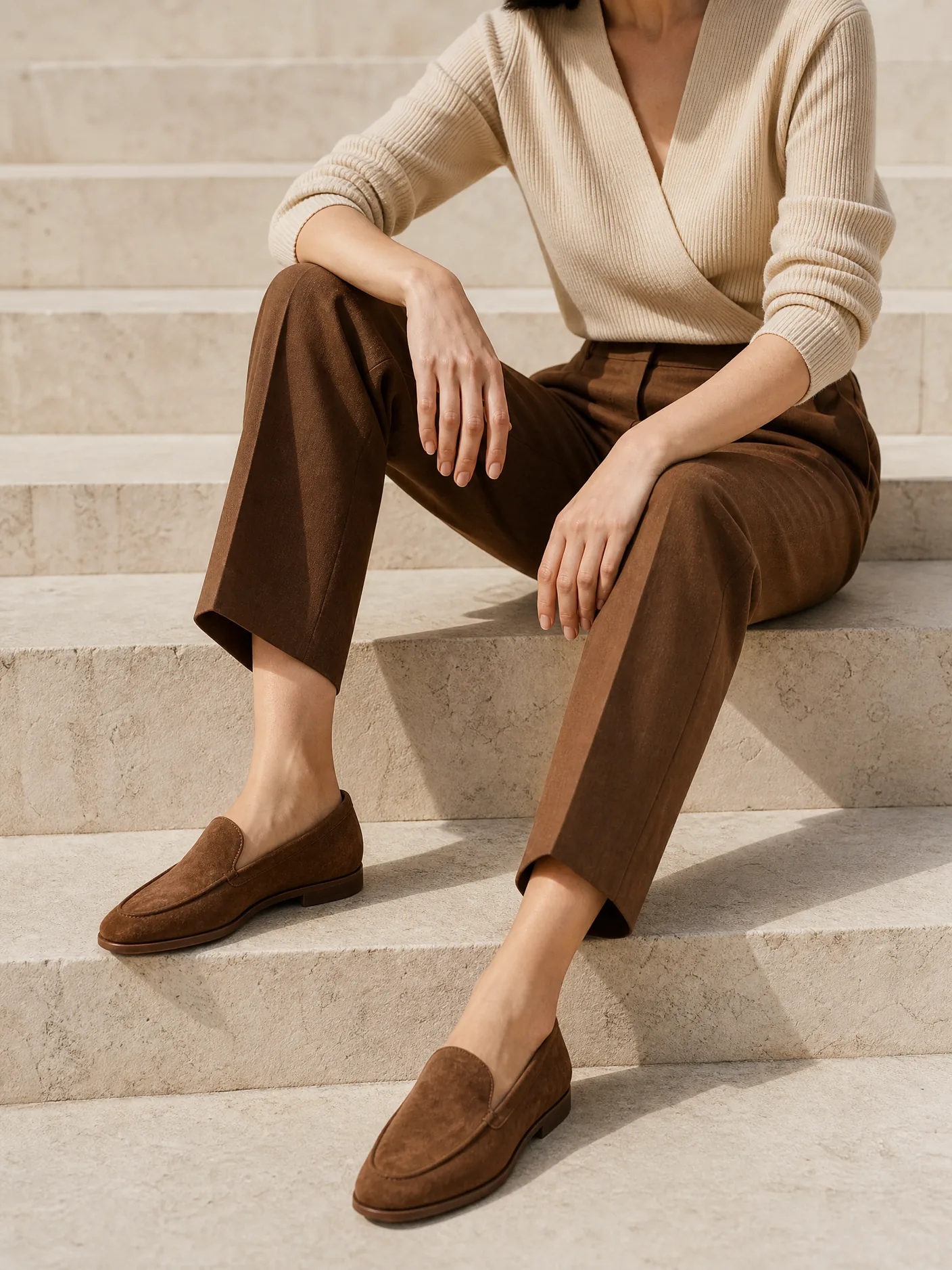 Illustration: brown suede loafers with tobacco trousers on stone steps