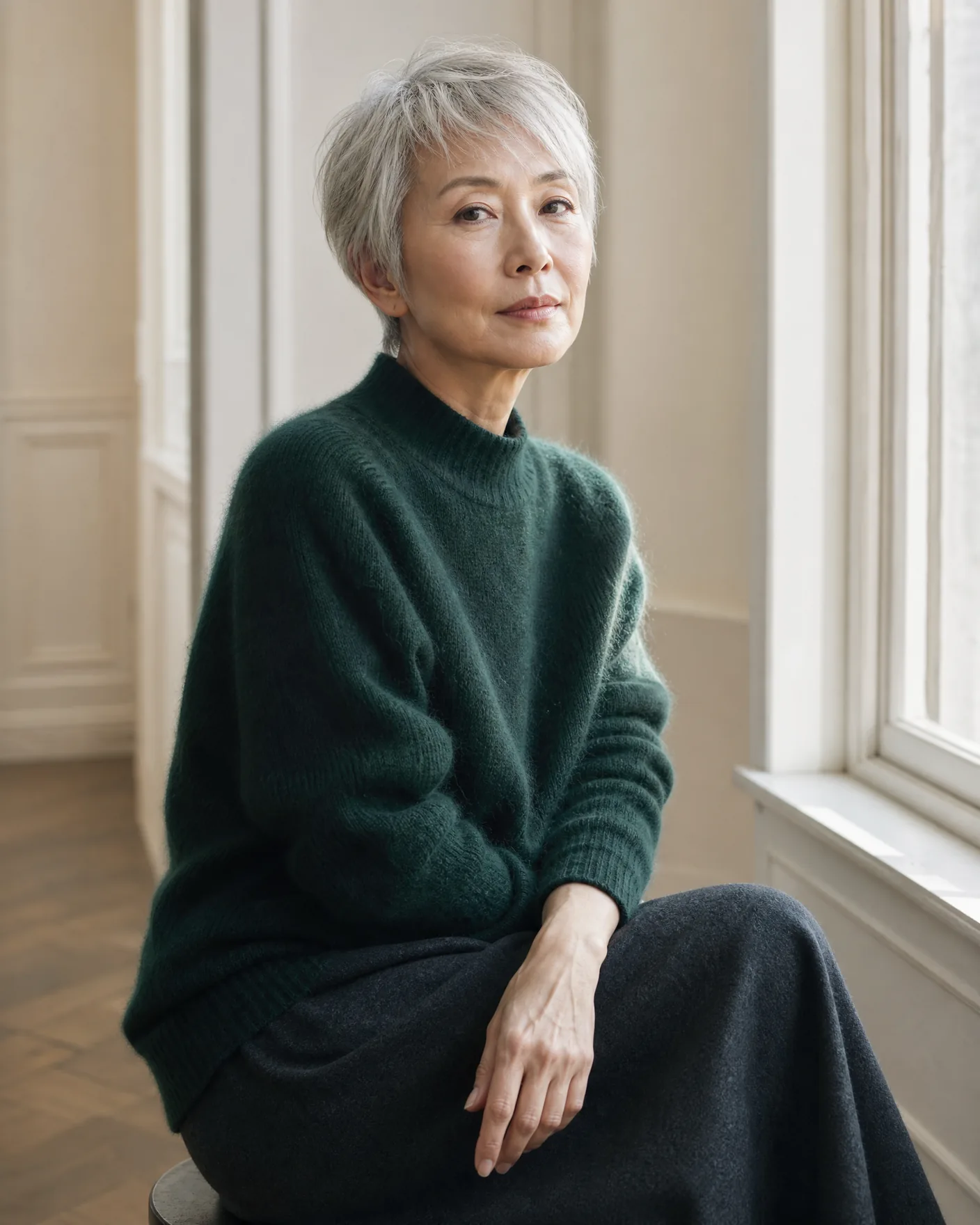 Illustration: a bottle-green short-sleeved cashmere sweater by a window